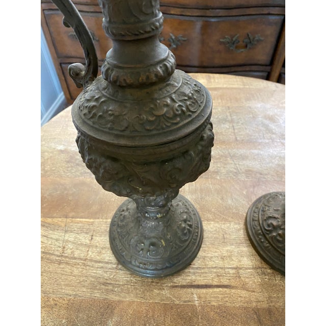 French Provincial Antique Guilded Cast Brass or Bronze Ornate Renaissance Ewers / Pitchers- a Pair For Sale - Image 3 of 12