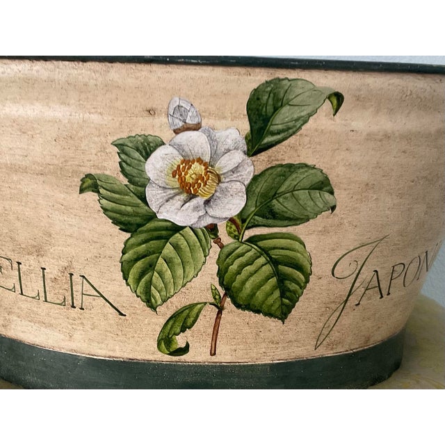 1990s Vintage Hand-Painted Tole Camellia Cachepot Jardinière With Handles For Sale - Image 5 of 10