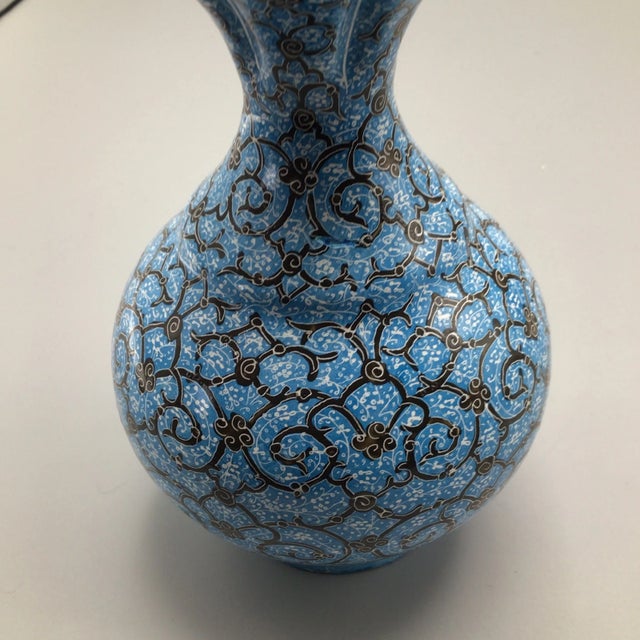 Vintage Ottoman Style Persian Enamel Floral Mouth Vase Blue Gold and White Enamel Over Metal Body With Artist Mark For Sale - Image 12 of 13