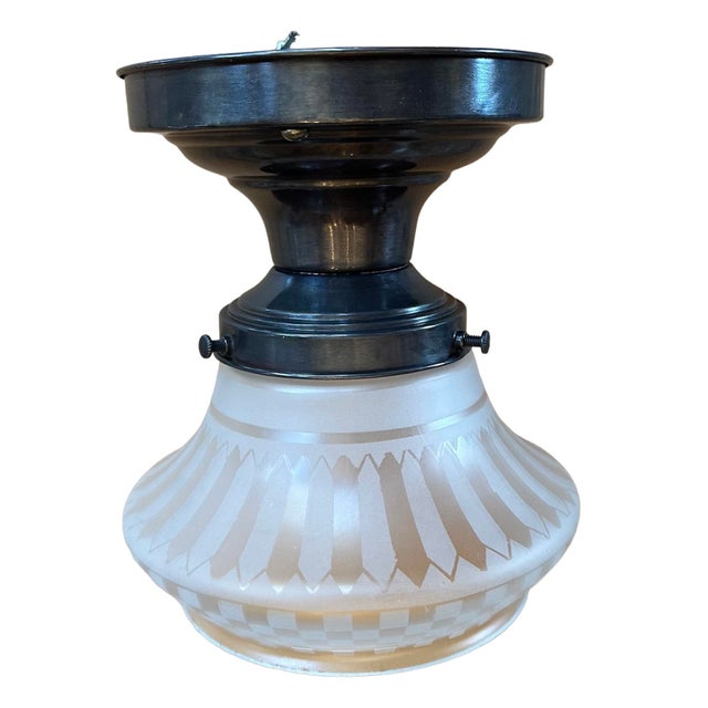 Pair of Frosted and Etched Check and Ribbon Pattern Glass Flush Mounts on Brass Holders, Circa 1920 For Sale In Los Angeles - Image 6 of 7