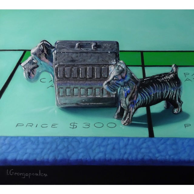 Come Closer by Irene Georgopoulou | Pastel on paper Still life of a dog and a metal suitcase For Sale