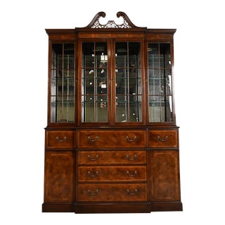 Baker Furniture Georgian Flame Mahogany Lighted Breakfront Bookcase Cabinet With Drop Front Secretary Desk, Circa 1960s For Sale