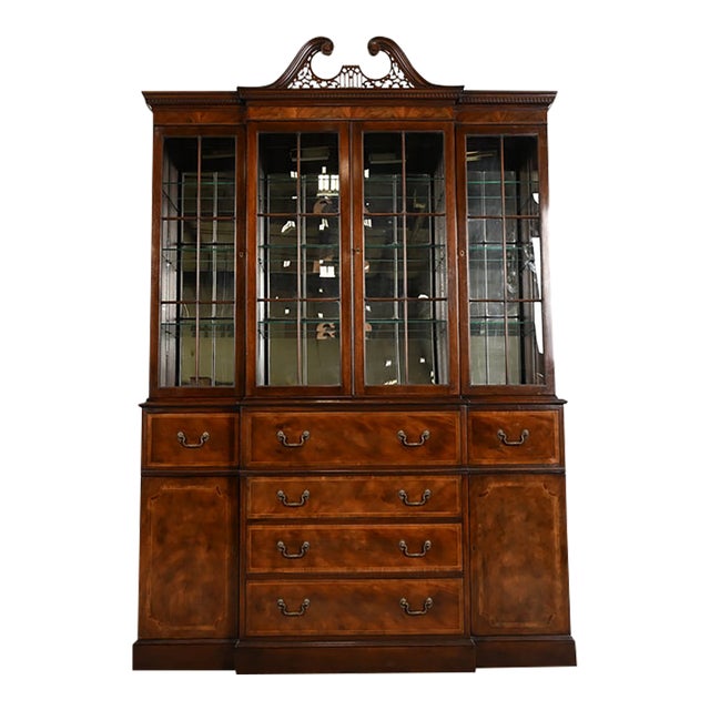 Baker Furniture Georgian Flame Mahogany Lighted Breakfront Bookcase Cabinet With Drop Front Secretary Desk, Circa 1960s For Sale