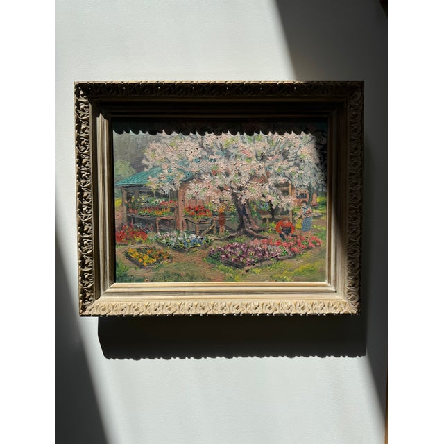 Wood 1961 Line Bloom Draper Impressionist Garden Oil Painting in Original Frame For Sale - Image 7 of 12