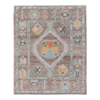 Small Turkish Oushak Rug With Central Medallion in Lt Brown and Seafoam Accents For Sale