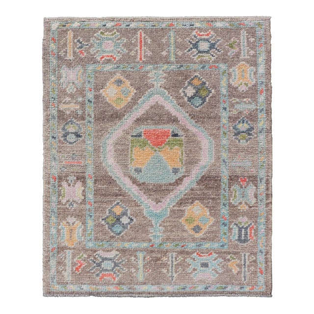 Small Turkish Oushak Rug With Central Medallion in Lt Brown and Seafoam Accents For Sale