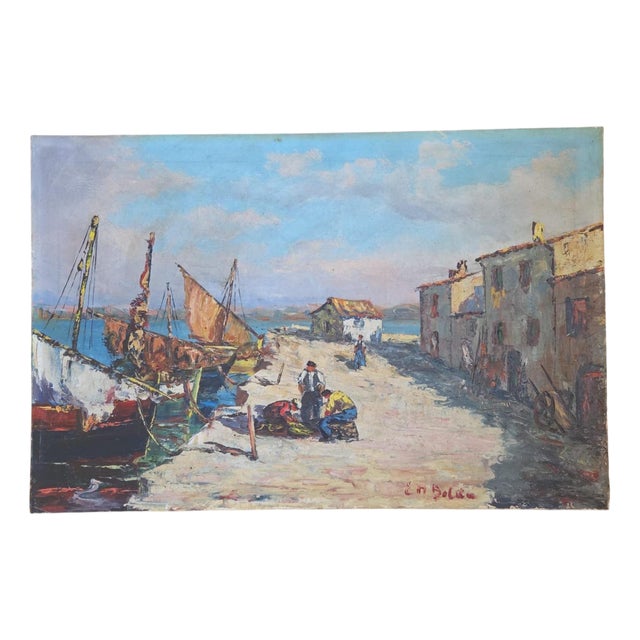 Seaview Landscape, Martigues, Fishermen, 1920s, Painting For Sale