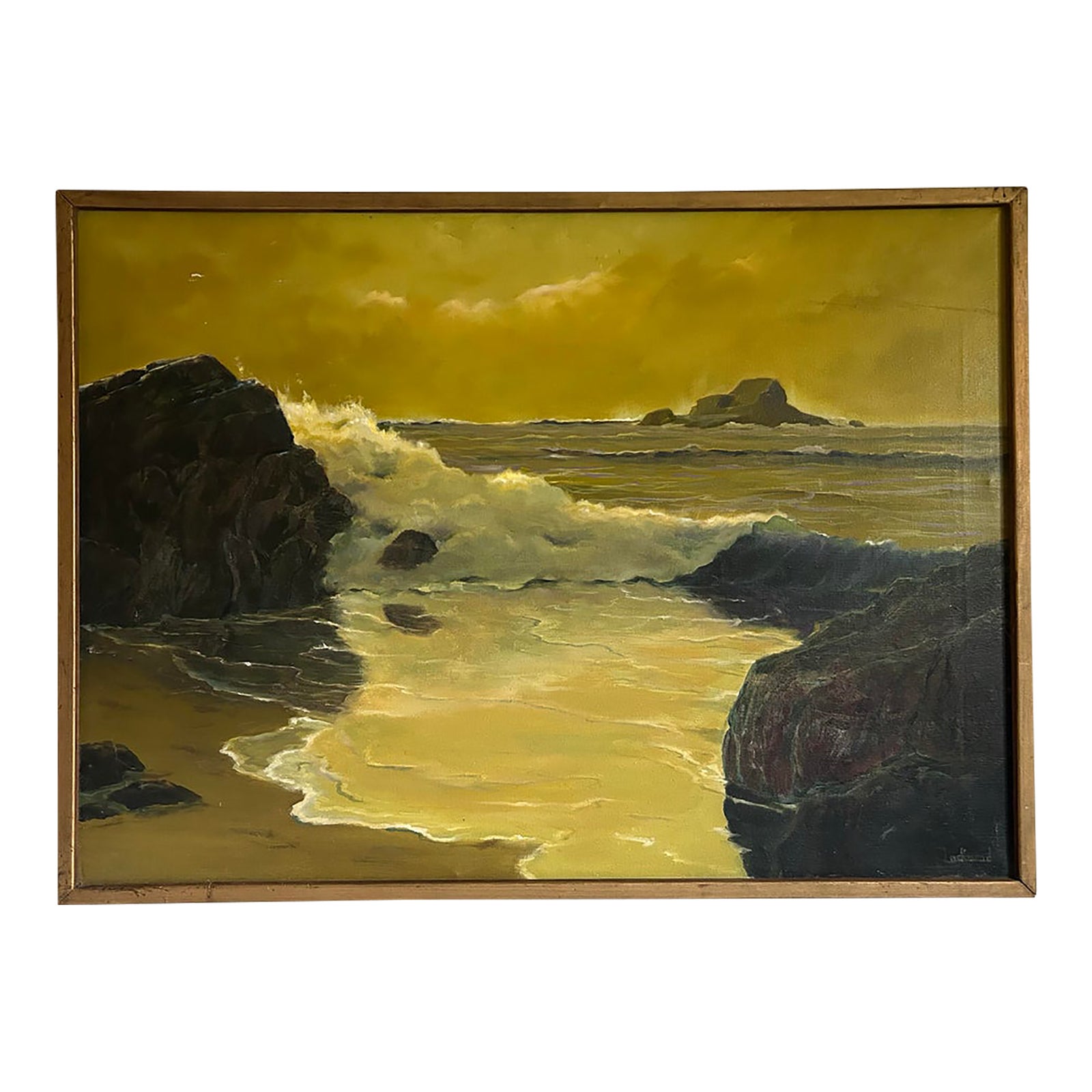 Vintage Large Coastal Seascape Oil Painting in Yellow Ochre and Earth ...