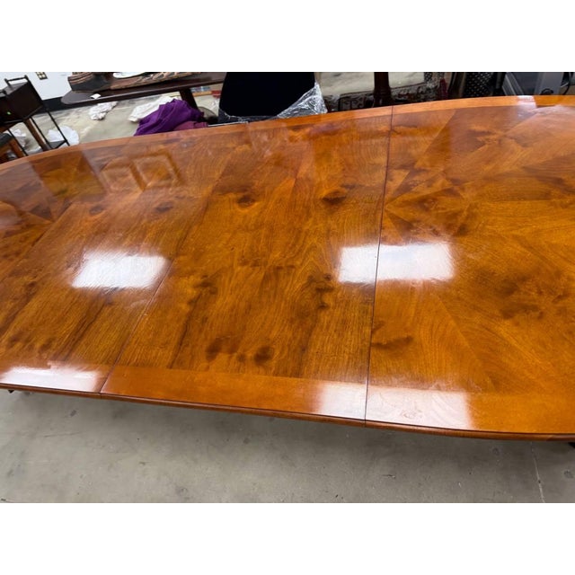 Vintage Neoclassical Regency Style Cherry and Burl Wood Pedestal Oval Dining Table With 2 Leaves For Sale - Image 14 of 16