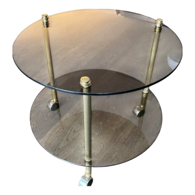 Coffee Table in Brass and Smoked Glass on Casters For Sale