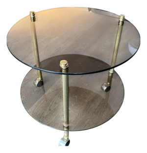 Coffee Table in Brass and Smoked Glass on Casters