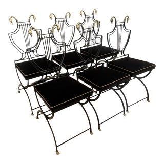 Maison Jansen Brass Swan and Black Lyre Back Folding Chairs with Claw feet - Set of 6 For Sale