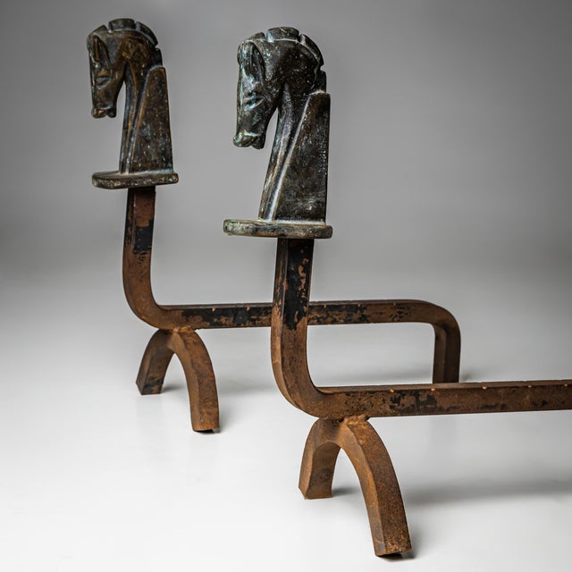 1940s Art Deco Andirons with Horse Heads, 1940s, Set of 2 For Sale - Image 5 of 7