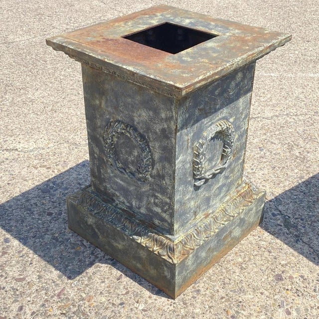 Vintage Neoclassical Cast Iron Wreath Garden Urn Planter Pedestal Base - Pair For Sale - Image 9 of 12
