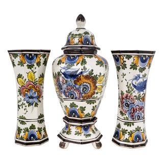 Vintage Polychrome Garniture Set by Oud Delft, 1940s, Set of 3 For Sale