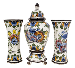 Vintage Polychrome Garniture Set by Oud Delft, 1940s, Set of 3