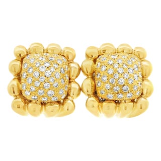 Pair of Primoro Italian 18k Gold Pavé Diamond Earrings, 1980s For Sale