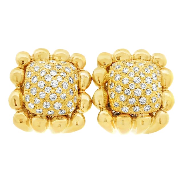Pair of Primoro Italian 18k Gold Pavé Diamond Earrings, 1980s For Sale
