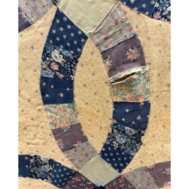 vintage handstitched and hand tied blue and white 87x78 inch wedding ring quilt in good condition in need of minor...
