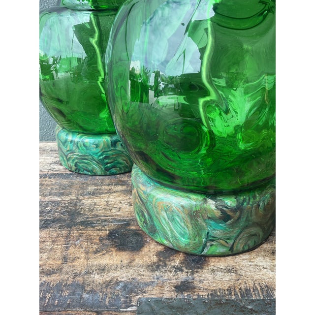 Emerald Vintage Hand Painted Malachite Plinth Glass Lamps - A Pair For Sale - Image 8 of 12