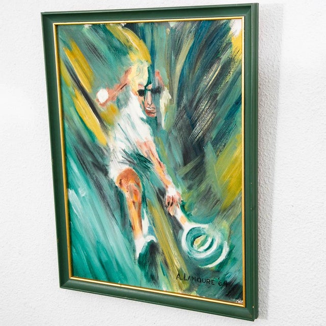 Original abstract painting of a tennis player. Signed on the bottom right of the canvas by A. Lamoure 1964.