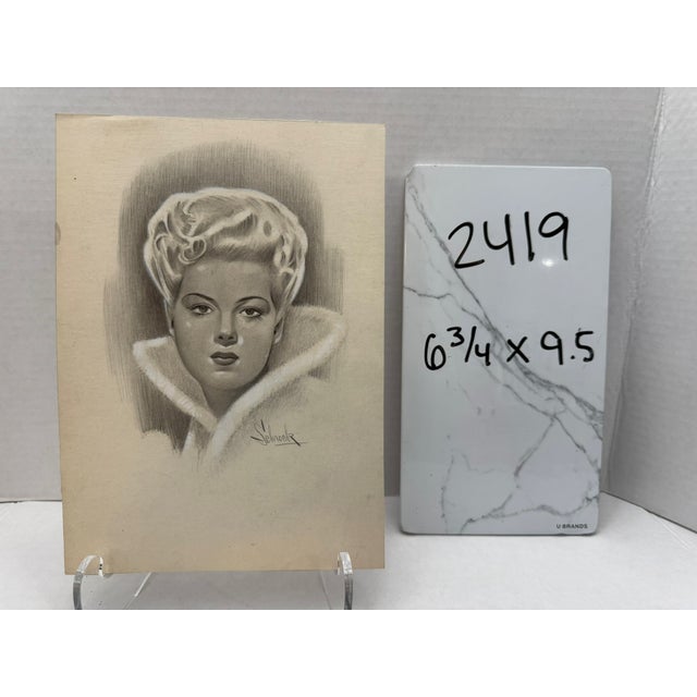 1940s 1940s Original Signed Graphite Illustration of Glamorous Woman in Fur Collar, 6.75" X 9.5". For Sale - Image 5 of 5