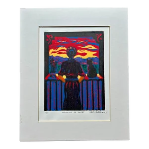 Contemporary Wood Block Print of Woman and Cat Watching the Sunset