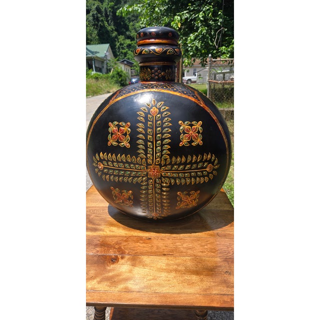 Bottle Green Vintage Hand-Painted Blackware Pottery Bottle Vase With Floral Folk Art Motif For Sale - Image 8 of 18