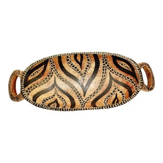 Wood Crafted and Carved Decor Bowl or Tray With Safari Tribal Design For Sale