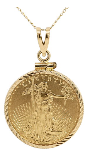 22k Gold Lady Liberty Us 10 Dollar 1/4 Oz Coin (2010) Pendant in 14k Frame