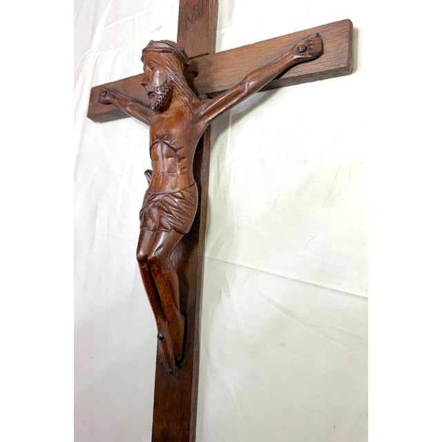 Big Antique Hand Carved Wood Religious Jesus Christ Crucifix Cross Sculpture God For Sale - Image 10 of 11