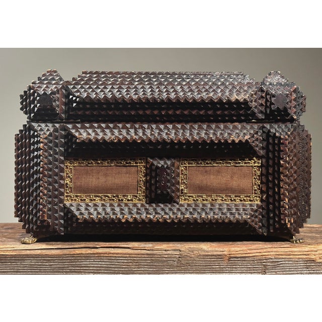 Antique ‘1899’ Tramp Art Box With Brass Detailing/Folk Art For Sale - Image 4 of 12