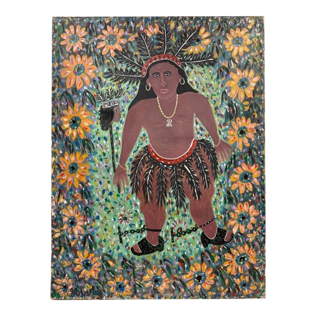 Large Vintage Haitian Vodou Folk Art Painting "La Sirene" by Gérard Fortuné For Sale