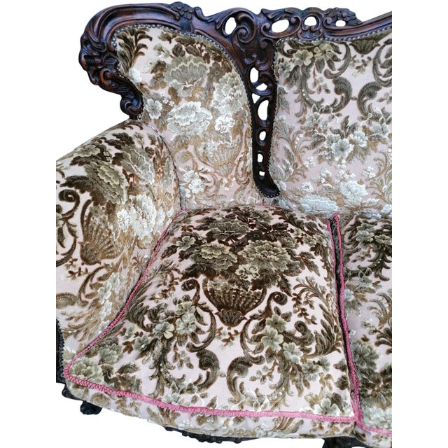 Textile Piedmontese Baroque Style Sofa and Armchairs in Hand-Carved Wood and Damask Velvet, 1950s, Set of 3 For Sale - Image 7 of 12
