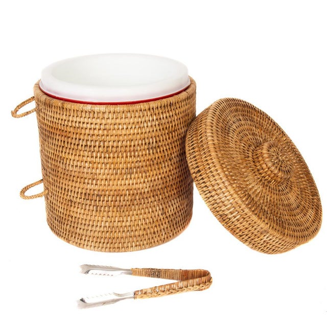 Boho Chic Artifacts Rattan Ice Bucket with Tongs in Honey Brown 10" - 2 Pieces For Sale - Image 3 of 5