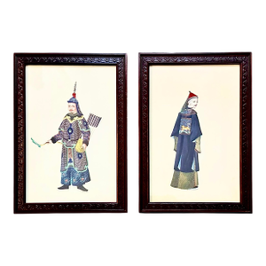 Vintage Custom Chinoiserie Chinese Chippendale Framed Mandarin Portrait Prints, a Pair