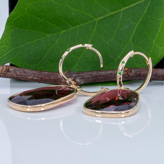 25.2Ct Rubellite Tourmaline Earrings With Tsavorite Accents: 14k Gold, 25x17mm, Pair For Sale In Columbus - Image 6 of 8