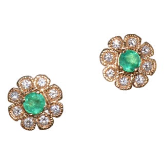 Certified Natural 1.8cts vs F Diamond Emerald 18k Solid Gold Floral Stud Earrings, A Pair For Sale