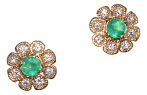 Certified Natural 1.8cts vs F Diamond Emerald 18k Solid Gold Floral Stud Earrings, A Pair
