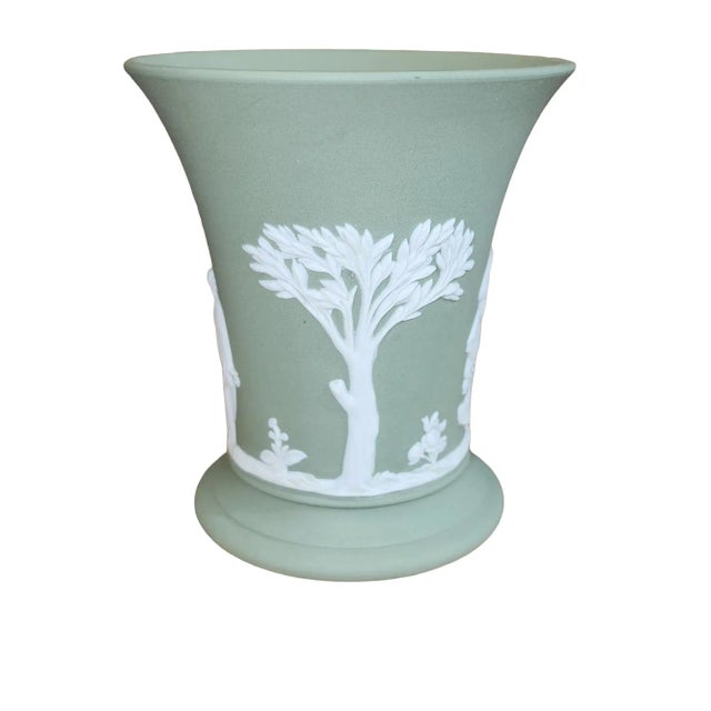 Seldom seen sage green Wedgwood Jasperware urn style vase, backstamp date present for 1967. Overall excellent condition,...
