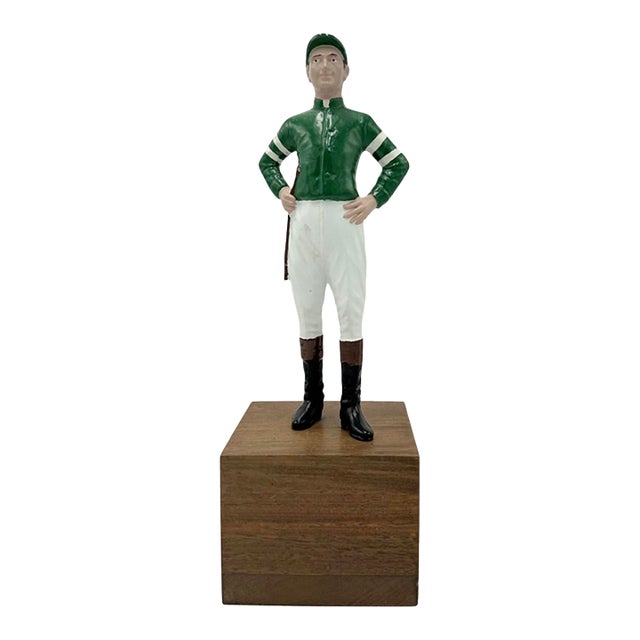 Vintage Equestrian Green Jockey Bookend Statue 13"h For Sale