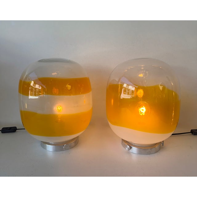Pair of Murano Glass Orange White Smoke Saturn Lamps. Italy, 1970s For Sale - Image 6 of 13