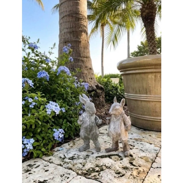 Vintage Cast Iron Gentleman Rabbit Garden Statues - Set of 2 Dapper Hare Figures (Pipe & Goblet) For Sale - Image 12 of 12