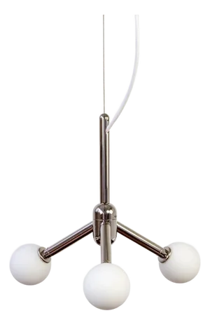 One of a Kind Modern Polished Nickel Chandelier, Pendant Light, With Three White Glass Globes