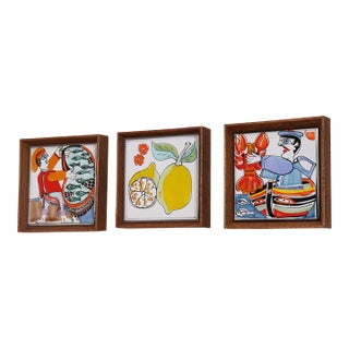 Set of Three Vintage Sicilian Pescatore and Limone Handpainted Ceramic Tiles For Sale