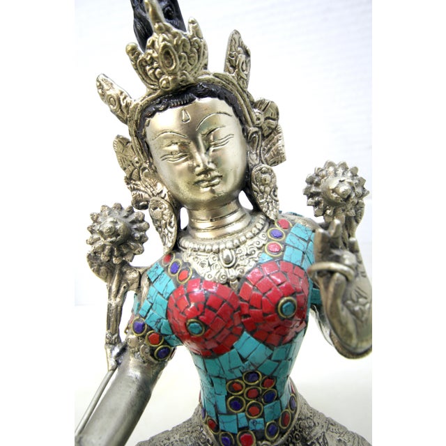Mid-Century Tibetan-Style Inlaid Brass Green Tara Statue – 11" H For Sale - Image 10 of 18