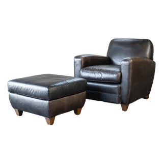 Restoration Hardware Art Deco Black Leather Club Chair & Ottoman For Sale