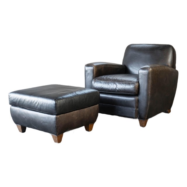 Restoration Hardware Art Deco Black Leather Club Chair & Ottoman For Sale