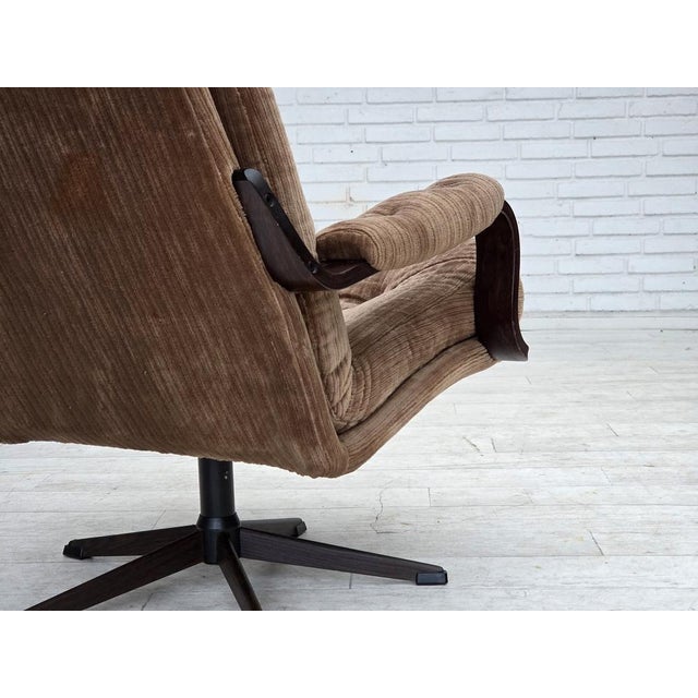 Danish Swivel Armchair in Corduroy and Dark Beechwood, 1970s For Sale - Image 11 of 16