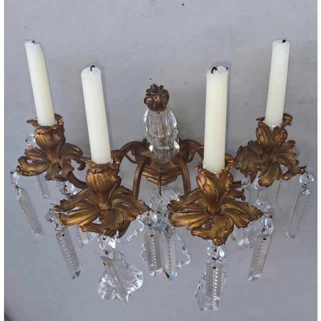 Glass Mid 19th Century Grand Scale French Rococo Louis XV Gilt Bronze/ Heavy Cut Crystal Candle Holder Wall Sconce For Sale - Image 7 of 18